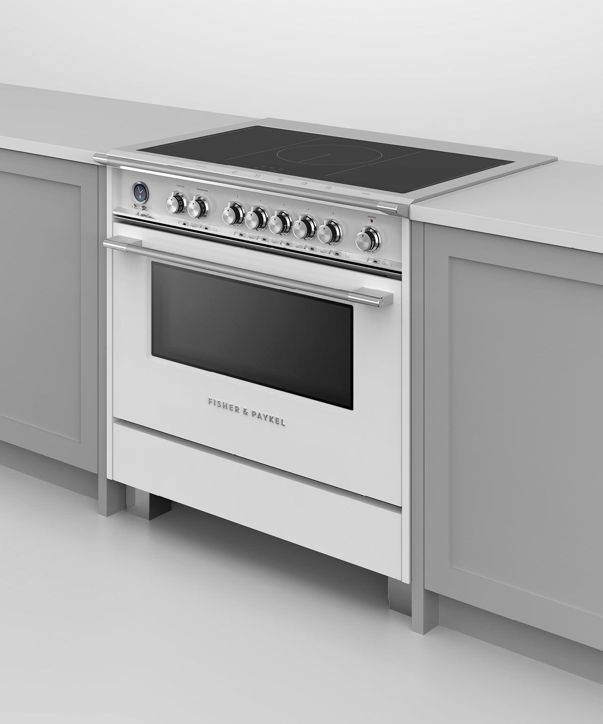 Fisher & Paykel OR36SCI6W1 range in kitchen, cooktop detail