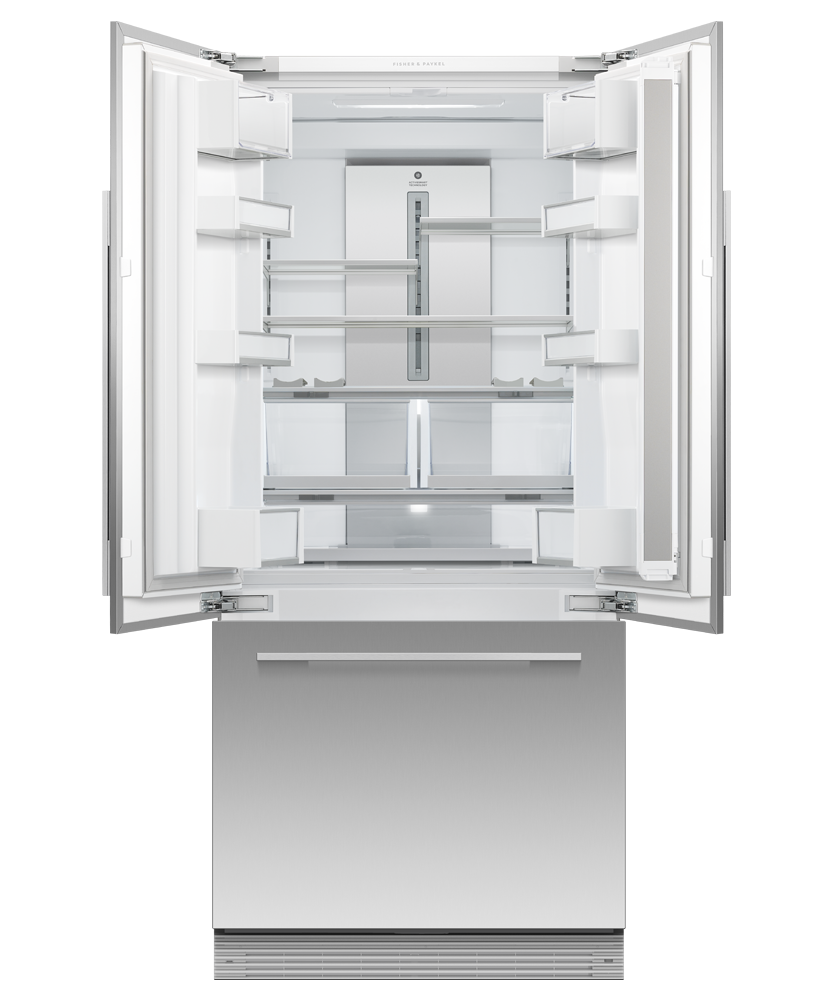 Fisher & Paykel 32 inch Series 7 Integrated French Door Refrigerator Freezer, panel ready, angled view