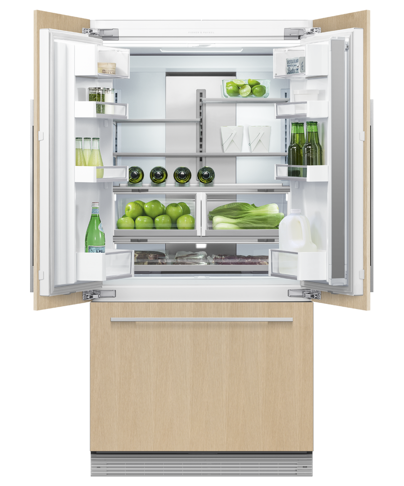 Fisher & Paykel 36 inch Series 7 Integrated French Door Refrigerator Freezer, panel ready, angled view