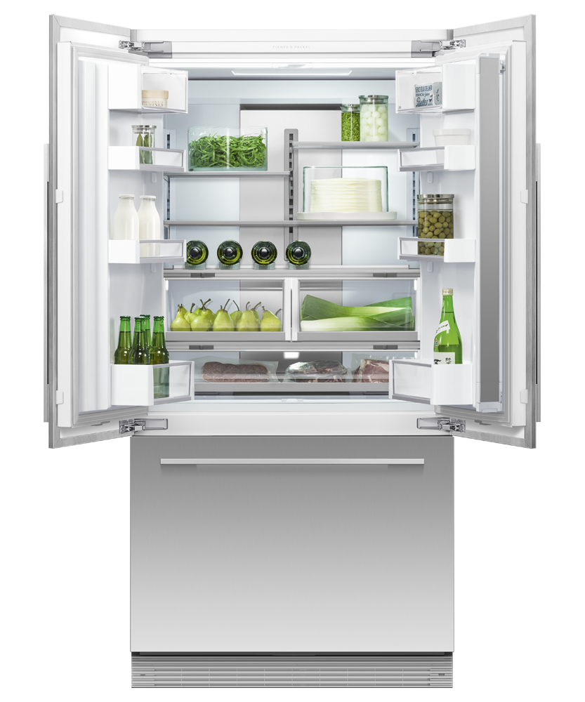 Fisher & Paykel 36 inch Series 7 Integrated French Door Refrigerator Freezer, panel ready, angled view