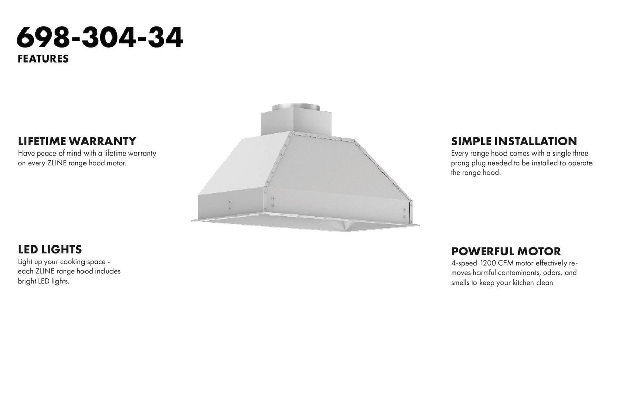 ZLINE 34 in. Ducted Wall Mount Range Hood Insert in Outdoor Approved Stainless Steel (698-304) - (69830440)