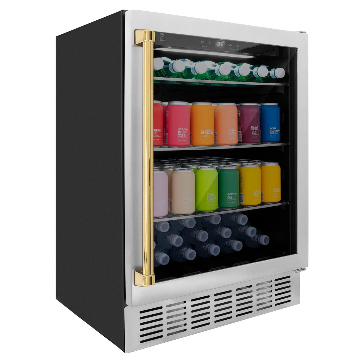 ZLINE 24" Autograph Edition 154 Can Beverage Cooler Fridge with Adjustable Shelves in Stainless Steel with Polished Gold Accents (RBVZ-US-24-G) - (RBVZUS24G)
