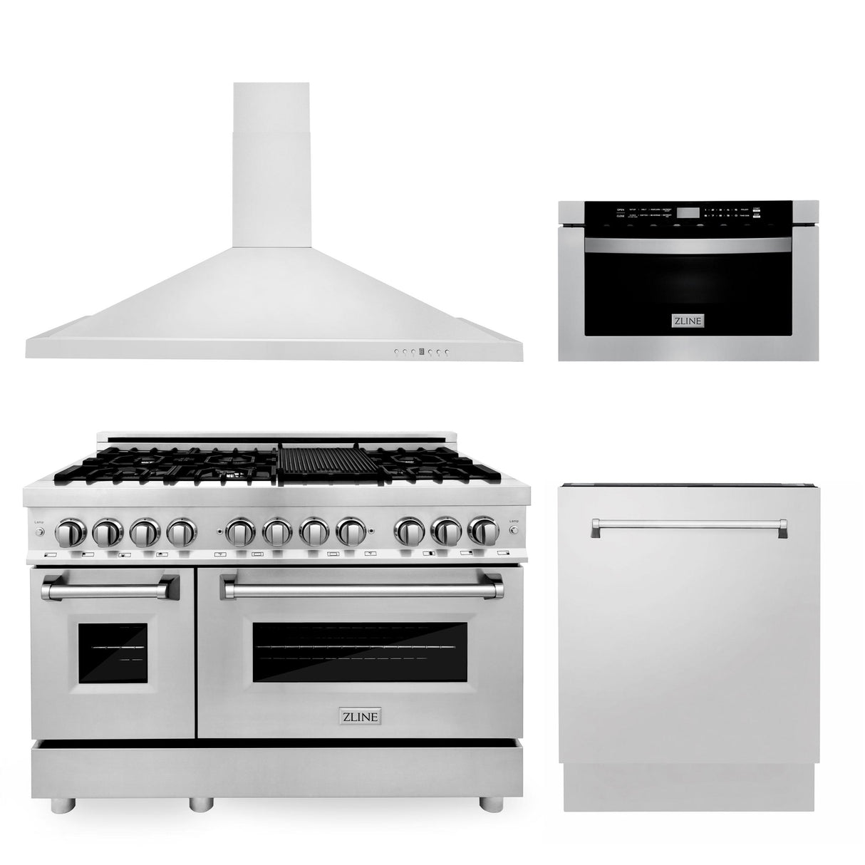 ZLINE 48 in. Kitchen Package with Stainless Steel Dual Fuel Range, Range Hood, Microwave Drawer and Tall Tub Dishwasher (4KP-RARH48-MWDWV) - (4KPRARH48MWDWV)