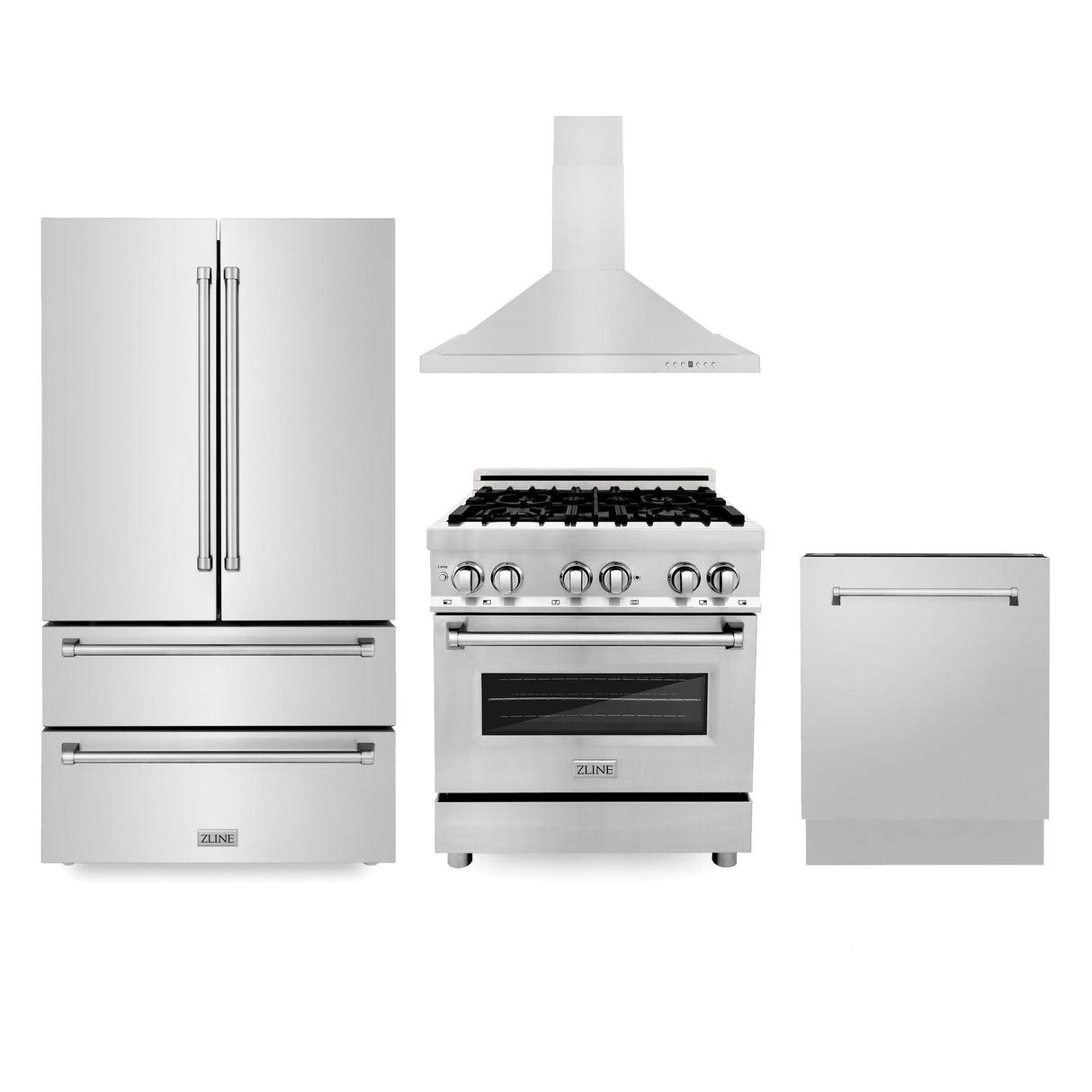 ZLINE Kitchen Package with Refrigeration, 30 in. Stainless Steel Dual Fuel Range, 30 in. Convertible Vent Range Hood and 24 in. Tall Tub Dishwasher (4KPR-RARH30-DWV) - (4KPRRARH30DWV)