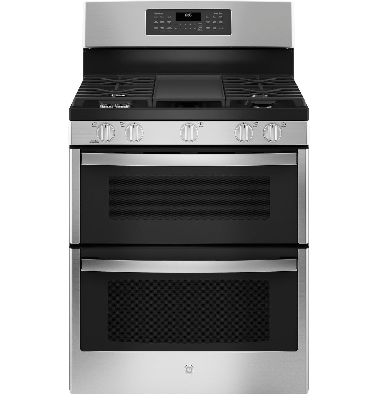 GE JGBS86SPSS - 30 in. 6.8 cu. ft. Air Fry True European Convection Double Oven Gas Range with 5 Sealed Burners & Griddle - Stainless Steel