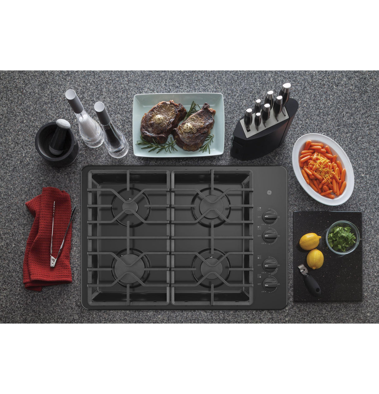 GE JGP3030DLBB - 30 in. 4-Burner Natural Gas Cooktop with Simmer Burner & Power Burner, Safe grates - Black