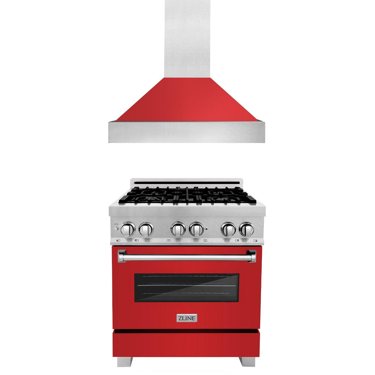 ZLINE 30 in. Kitchen Package with DuraSnow Stainless Steel Dual Fuel Range with Red Matte Door and Convertible Vent Range Hood (2KP-RASRMRH30) - (2KPRASRMRH30)