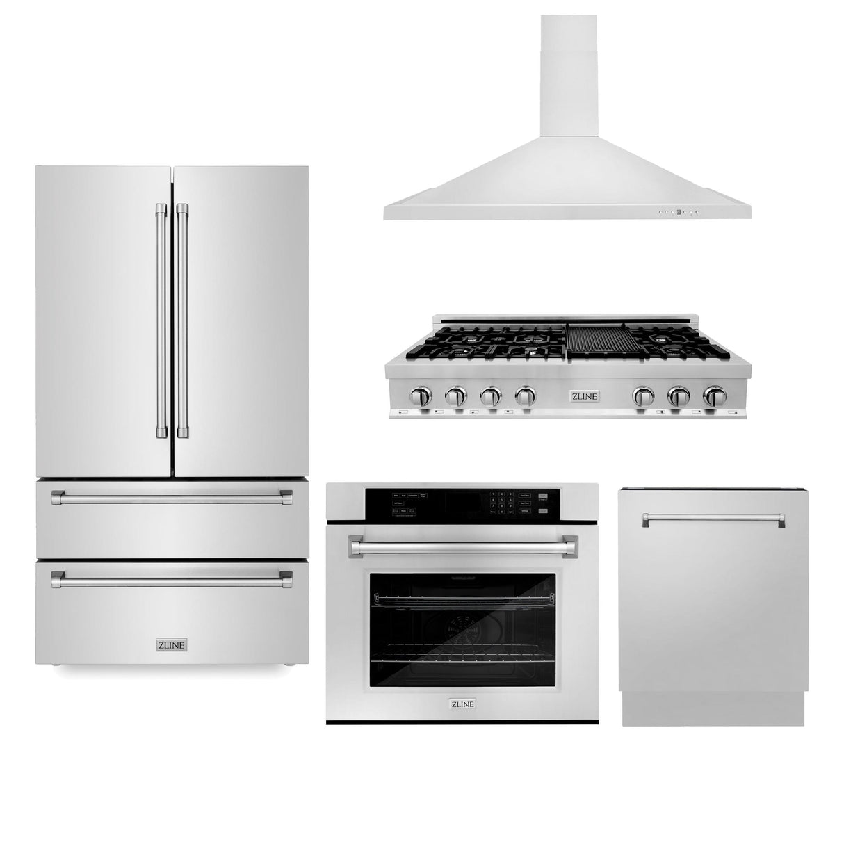 ZLINE Kitchen Package with Refrigeration, 48 in. Stainless Steel Rangetop, 48 in. Range Hood, 30 in. Single Wall Oven and 24 in. Tall Tub Dishwasher (5KPR-RTRH48-AWSDWV) - (5KPRRTRH48AWSDWV)