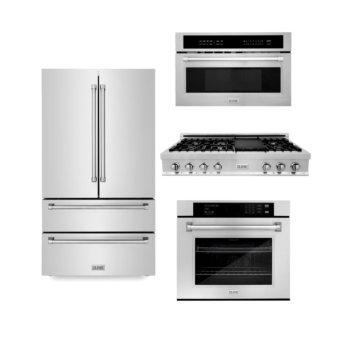 ZLINE Kitchen Package with Refrigeration, 48 in. Stainless Steel Rangetop, 30 in. Single Wall Oven, 30 in. Microwave Oven (4KPR-RT48-MWAWS) - (4KPRRT48MWAWS)