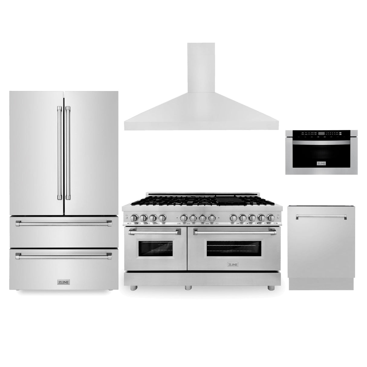 ZLINE Kitchen Package with Refrigeration, 60 in. Stainless Steel Dual Fuel Range, 60 in. Convertible Vent Range Hood, 24 in. Microwave Drawer, and 24 in. Tall Tub Dishwasher (5KPR-RARH60-MWDWV) - (5KPRRARH60MWDWV)