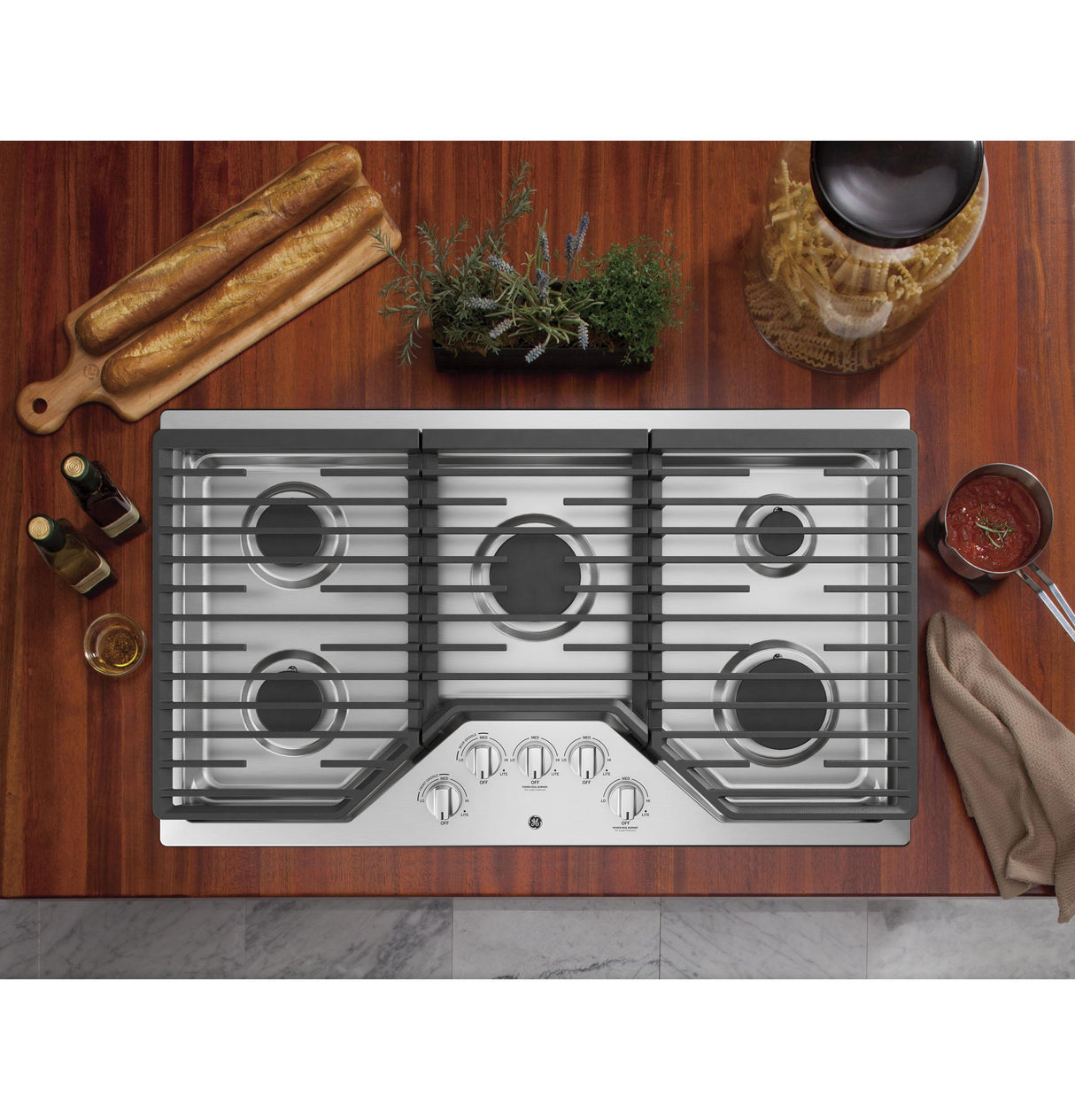 GE JGP5036SLSS - 36 in. 5-Burner Natural Gas Cooktop with Simmer Burner & Power Burner - Stainless Steel