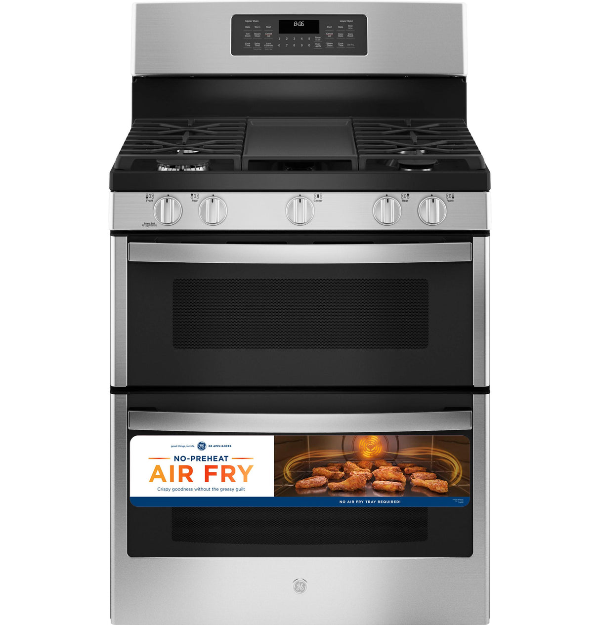 GE JGBS86SPSS - 30 in. 6.8 cu. ft. Air Fry True European Convection Double Oven Gas Range with 5 Sealed Burners & Griddle - Stainless Steel