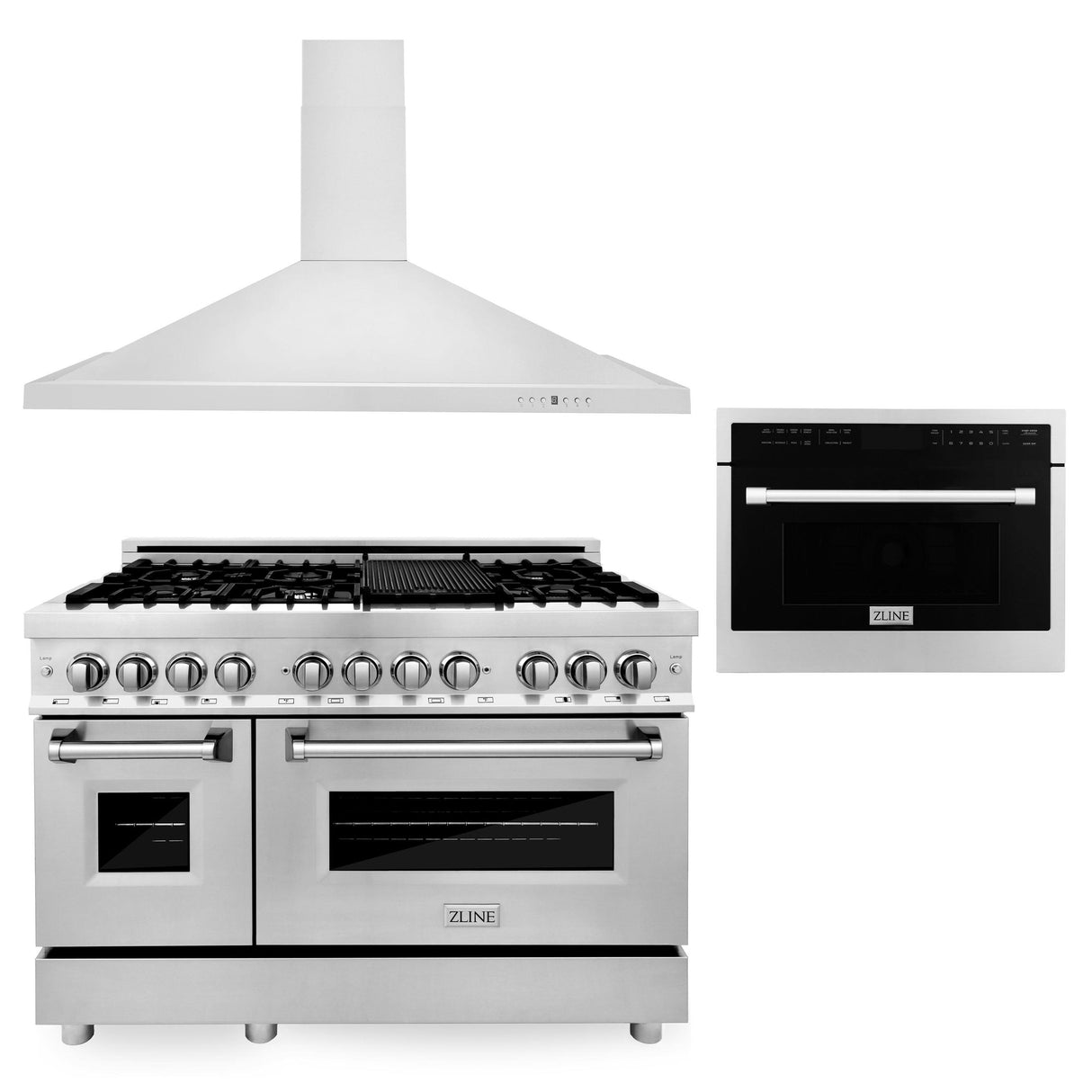ZLINE 48" Kitchen Package with Stainless Steel Dual Fuel Range, Convertible Vent Range Hood and 24" Microwave Oven - (3KPRARHMWO48)