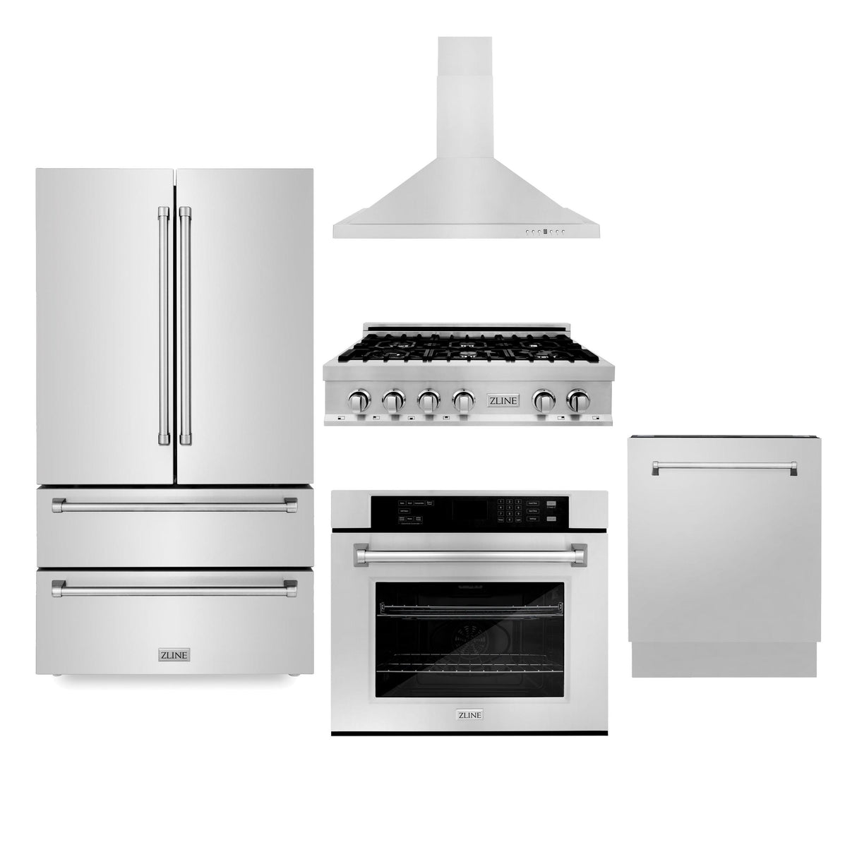 ZLINE Kitchen Package with Refrigeration, 36" Stainless Steel Rangetop, 36" Range Hood, 30" Single Wall Oven and 24" Tall Tub Dishwasher (5KPR-RTRH36-AWSDWV) - (5KPRRTRH36AWSDWV)