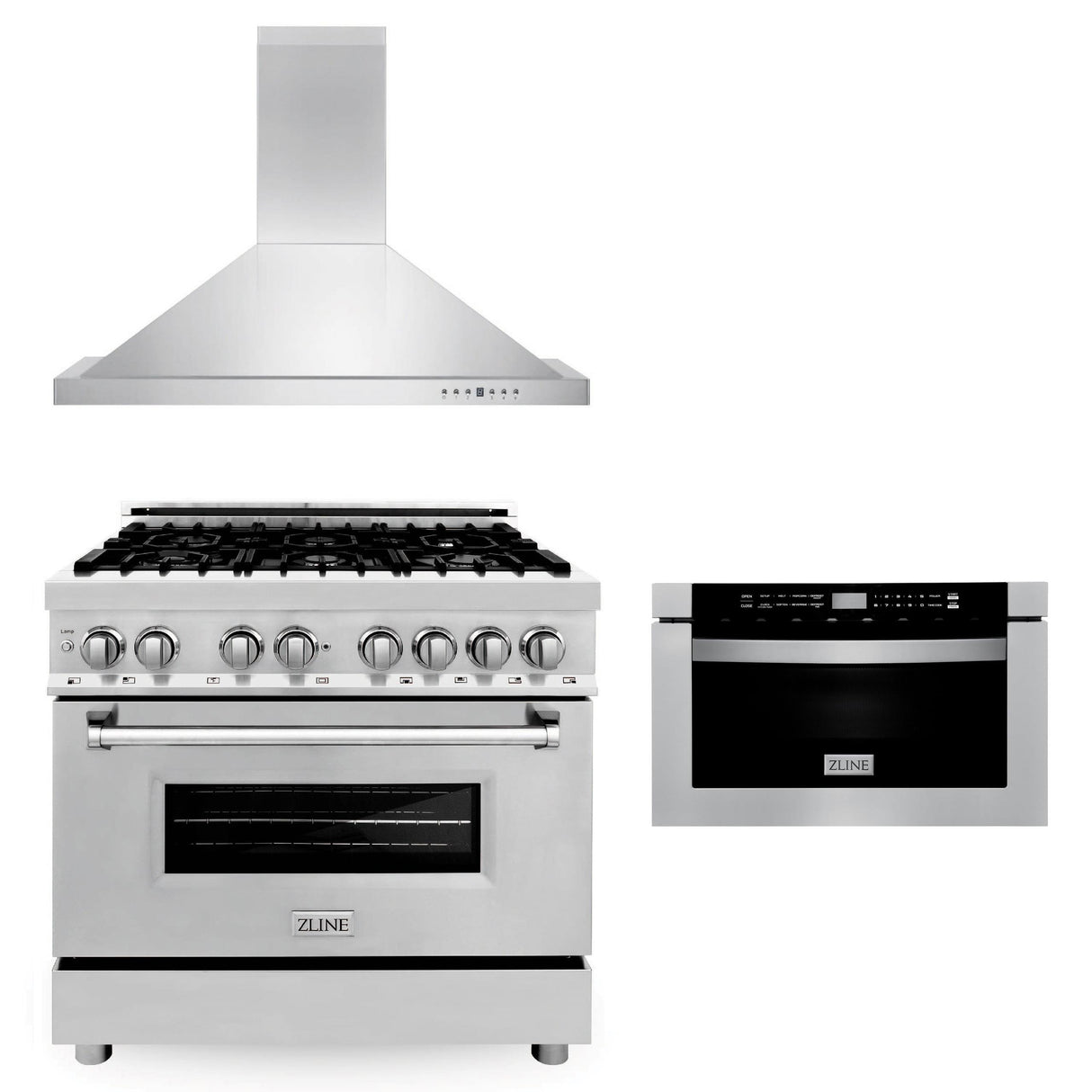 ZLINE 36 in. Kitchen Package with Stainless Steel Dual Fuel Range, Convertible Vent Range Hood and Microwave Drawer (3KP-RARH36-MW) - (3KPRARH36MW)