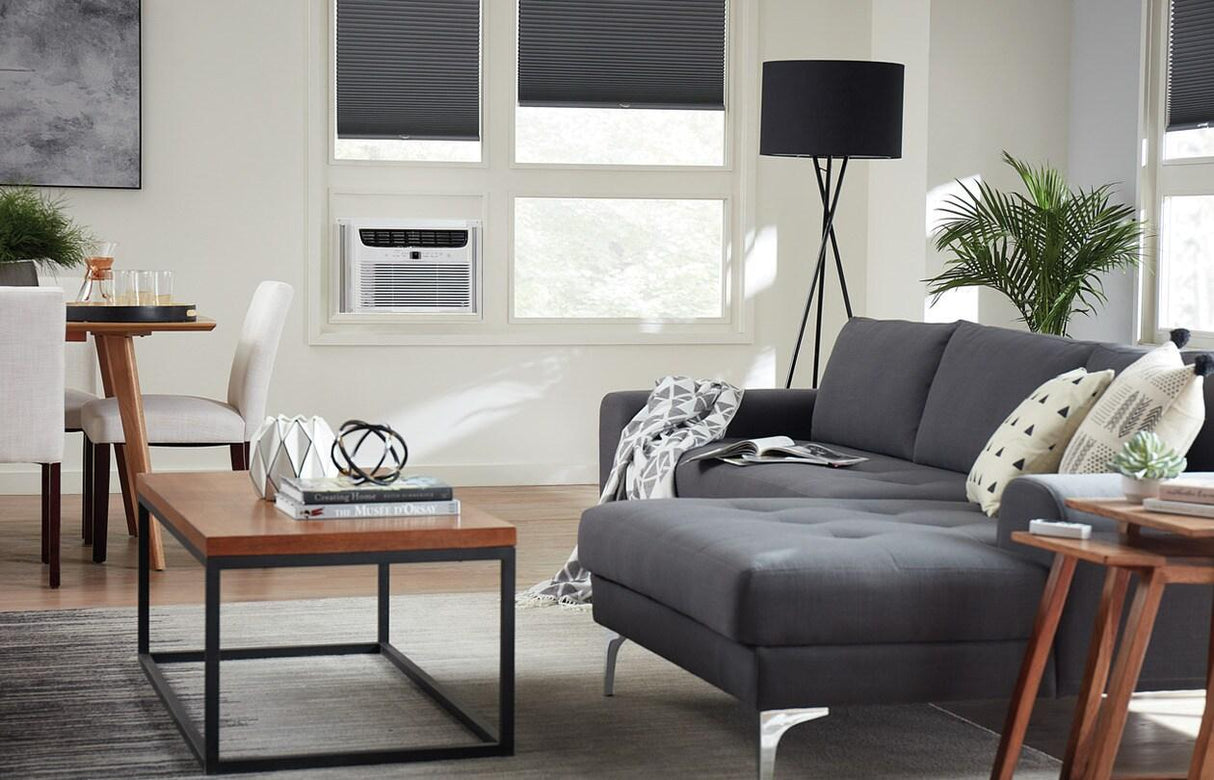 Frigidaire 12,000 BTU window air conditioner installed in a living room window