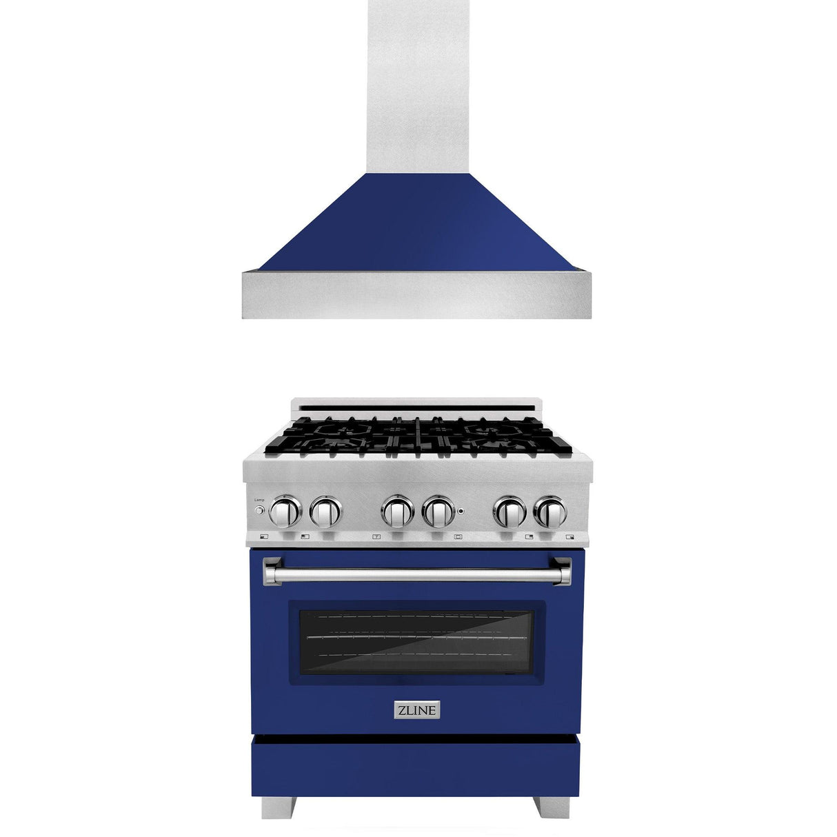 ZLINE 30 in. Kitchen Package with DuraSnow Stainless Steel Dual Fuel Range with Blue Gloss Door and Convertible Vent Range Hood - (2KPRASBGRH30)