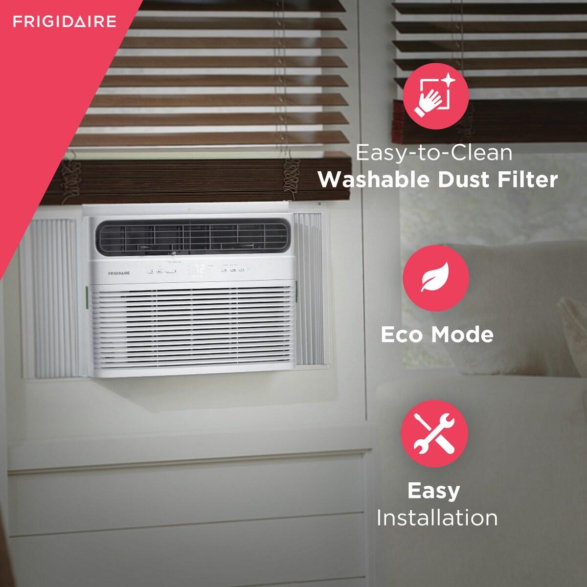 Frigidaire window air conditioner installed in bedroom window, highlighting washable dust filter, Eco Mode, and easy installation features