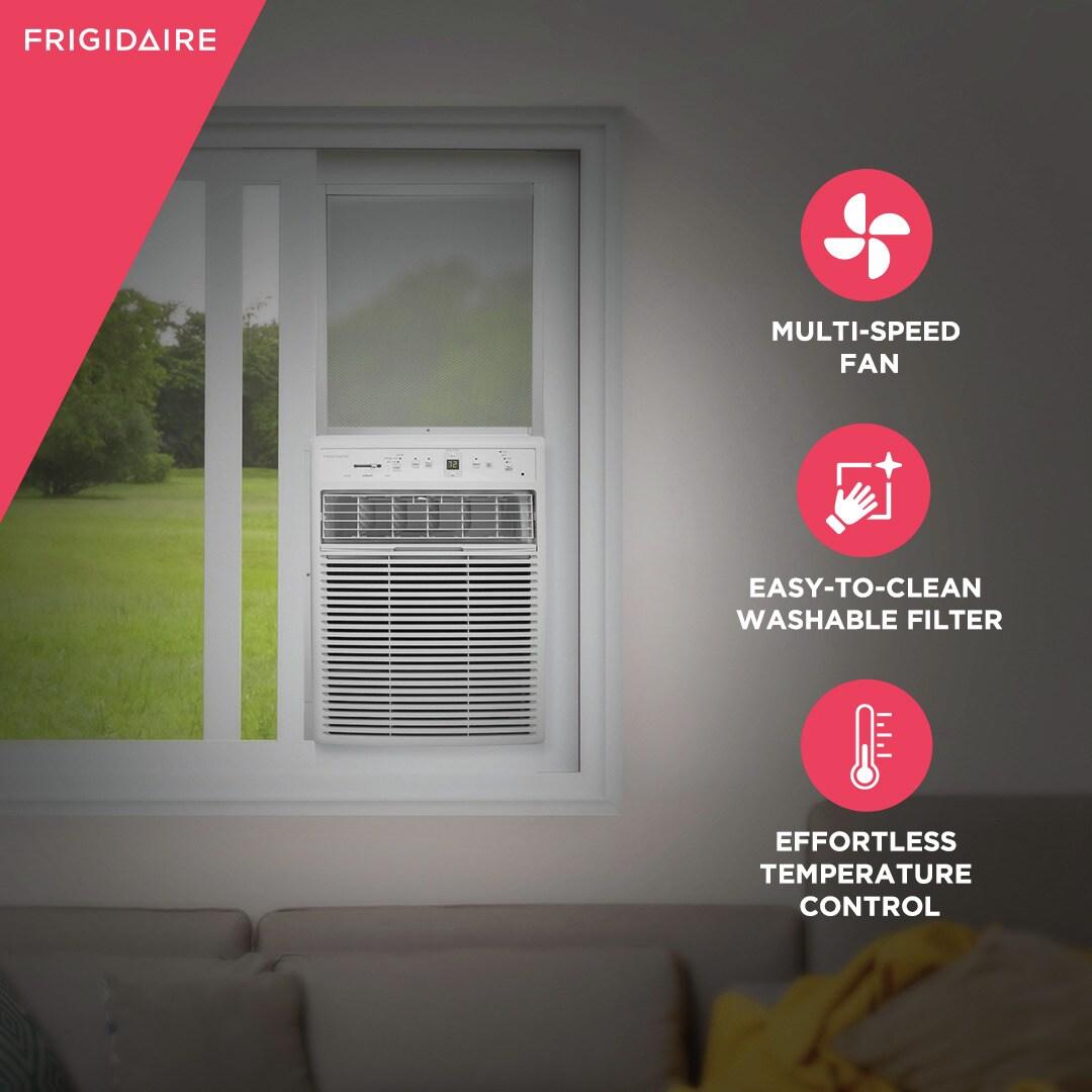 Frigidaire FHSC102WB1 slider window air conditioner lifestyle view with features