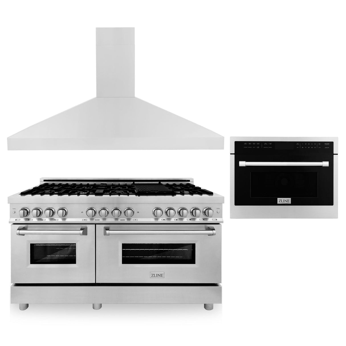 ZLINE 60" Kitchen Package with Stainless Steel Dual Fuel Range, Convertible Vent Range Hood and 24" Microwave Oven - (3KPRARHMWO60)