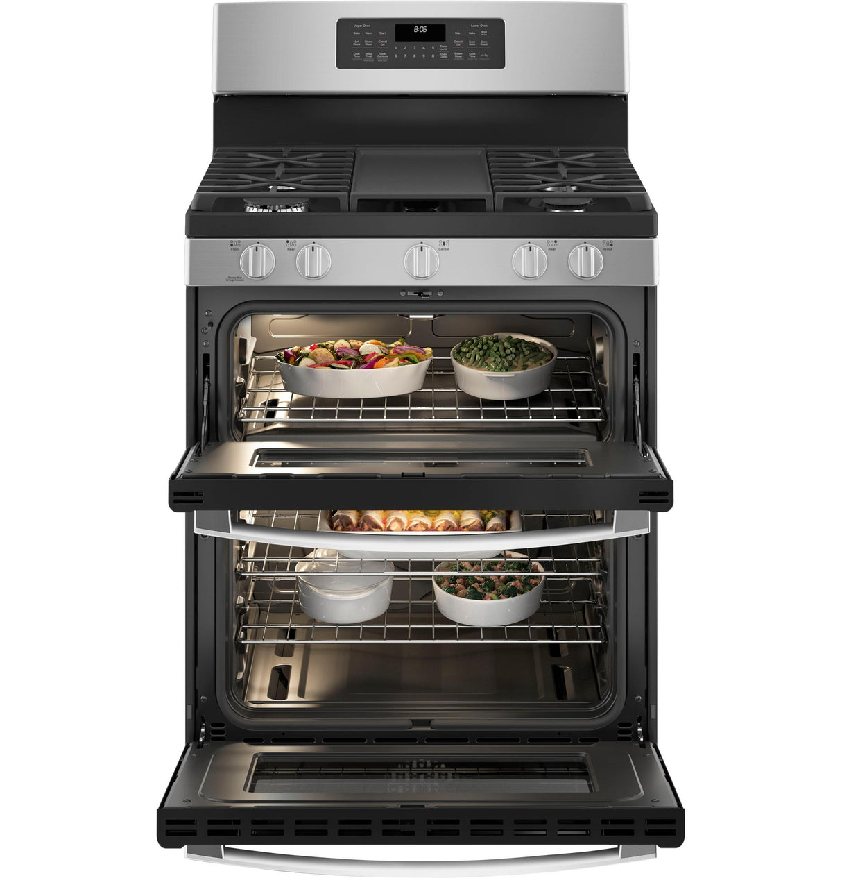 GE JGBS86SPSS - 30 in. 6.8 cu. ft. Air Fry True European Convection Double Oven Gas Range with 5 Sealed Burners & Griddle - Stainless Steel