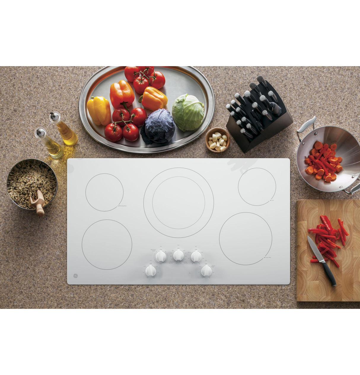 GE JP3036TLWW - 36 in. 5-Burner Electric Cooktop with Simmer Burner & Power Burner - White