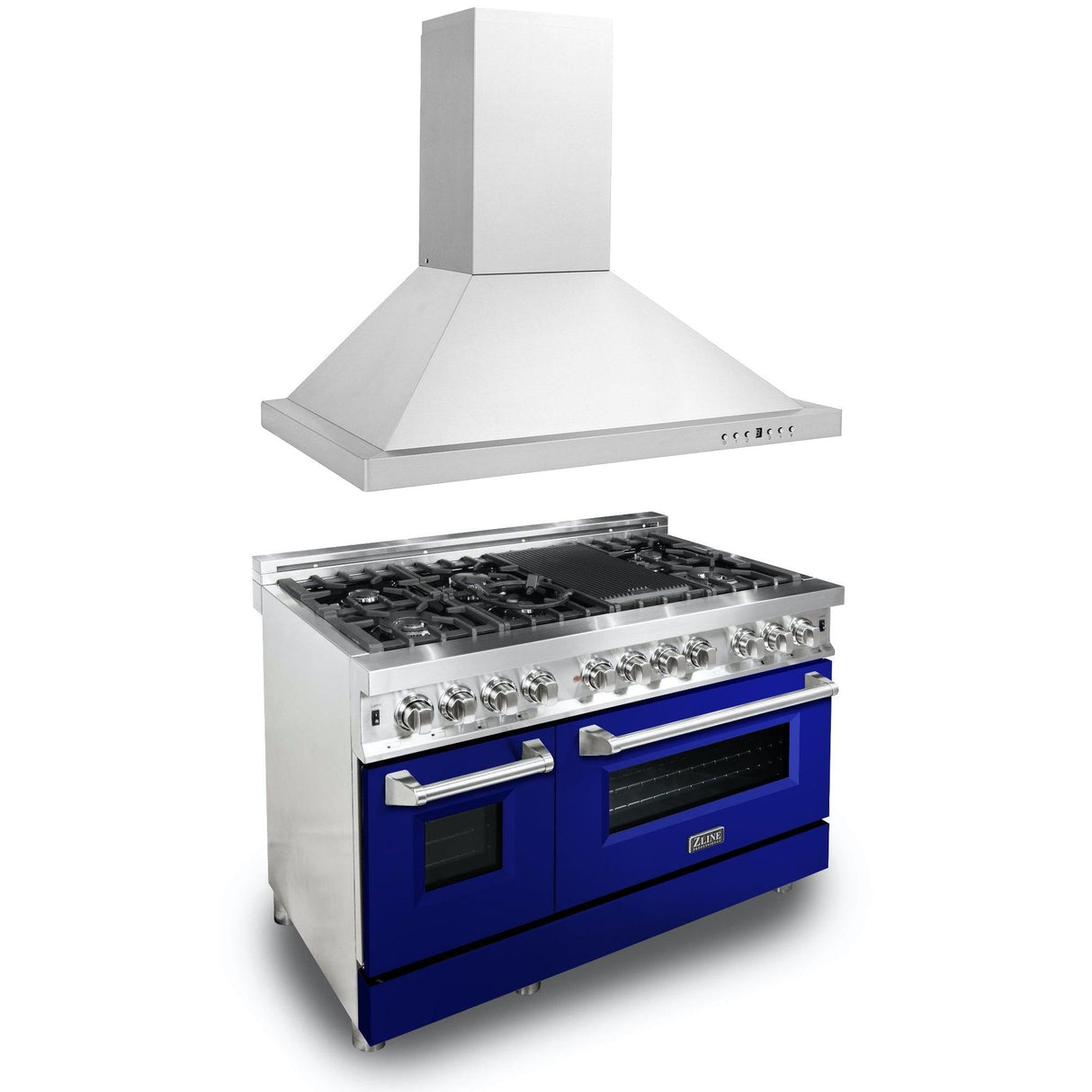 ZLINE 48 in. Kitchen Package with Stainless Steel Dual Fuel Range with Blue Gloss Door and Convertible Vent Range Hood (2KP-RABGRH48) - (2KPRABGRH48)