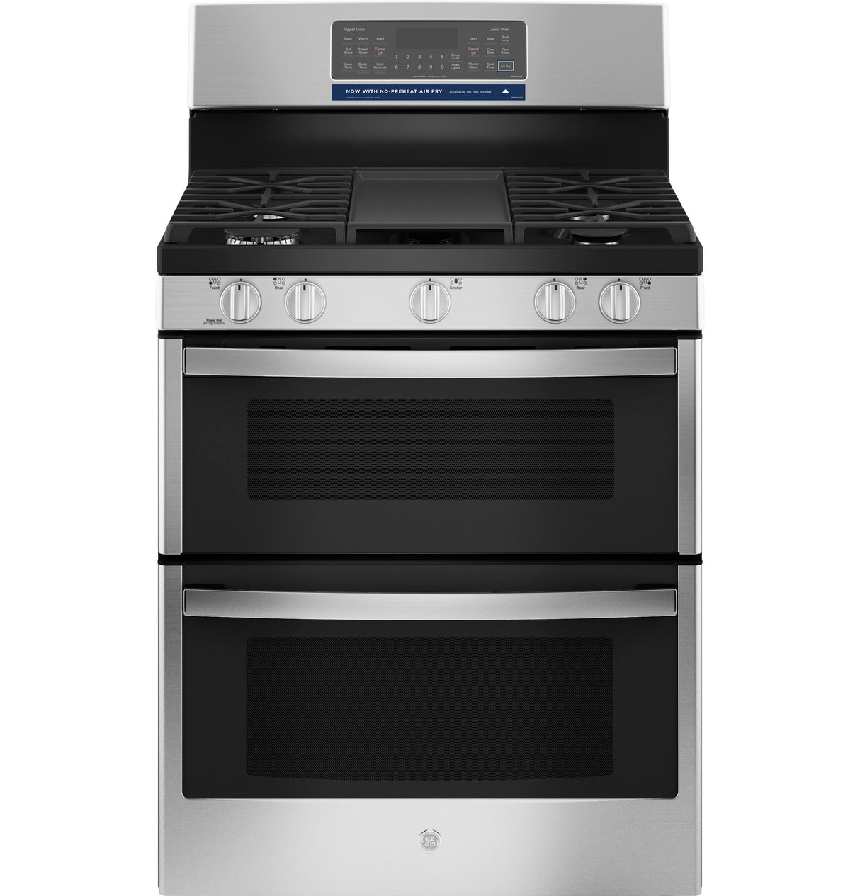 GE JGBS86SPSS - 30 in. 6.8 cu. ft. Air Fry True European Convection Double Oven Gas Range with 5 Sealed Burners & Griddle - Stainless Steel
