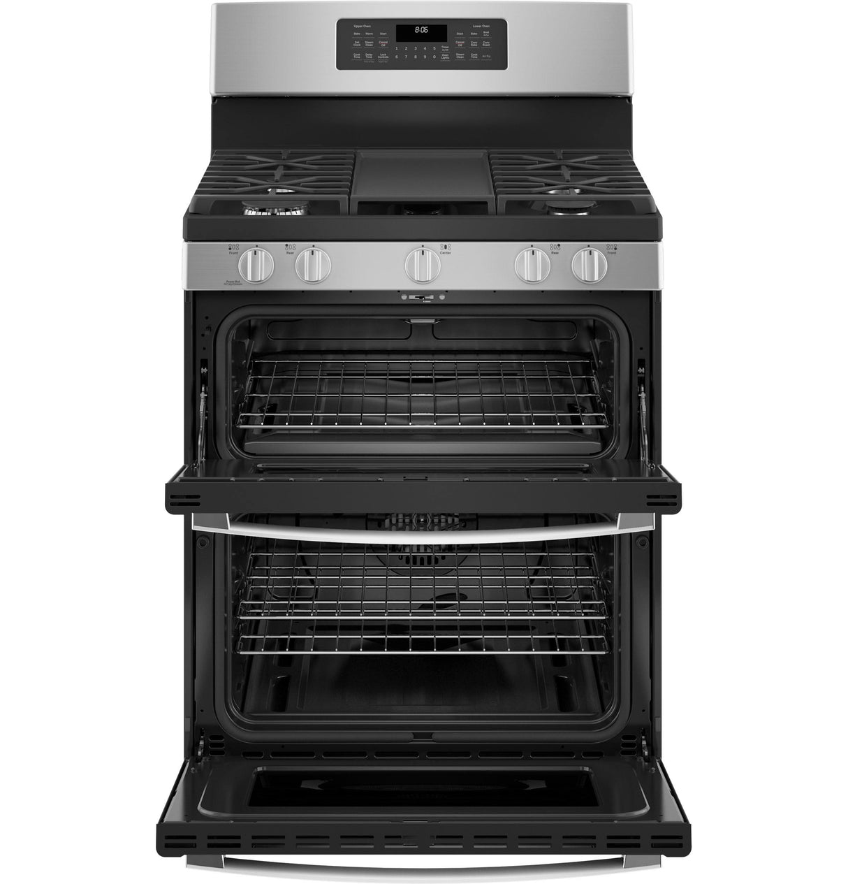 GE JGBS86SPSS - 30 in. 6.8 cu. ft. Air Fry True European Convection Double Oven Gas Range with 5 Sealed Burners & Griddle - Stainless Steel