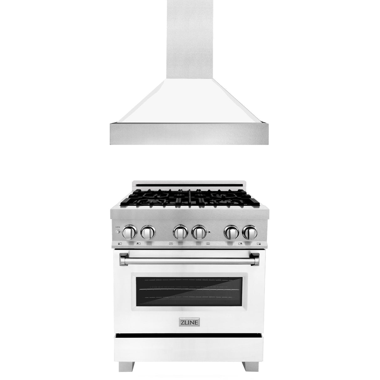 ZLINE 30 in. Kitchen Package with DuraSnow Stainless Steel Dual Fuel Range with White Matte Door and Convertible Vent Range Hood (2KP-RASWMRH30) - (2KPRASWMRH30)