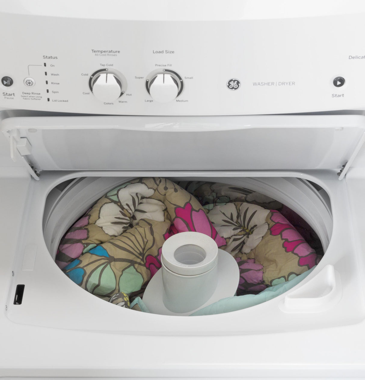 GE Unitized Spacemaker(R) 3.8 cu. ft. Capacity Washer with Stainless Steel Basket and 5.9 cu. ft. Capacity Electric Dryer - (GUD27ESSMWW)