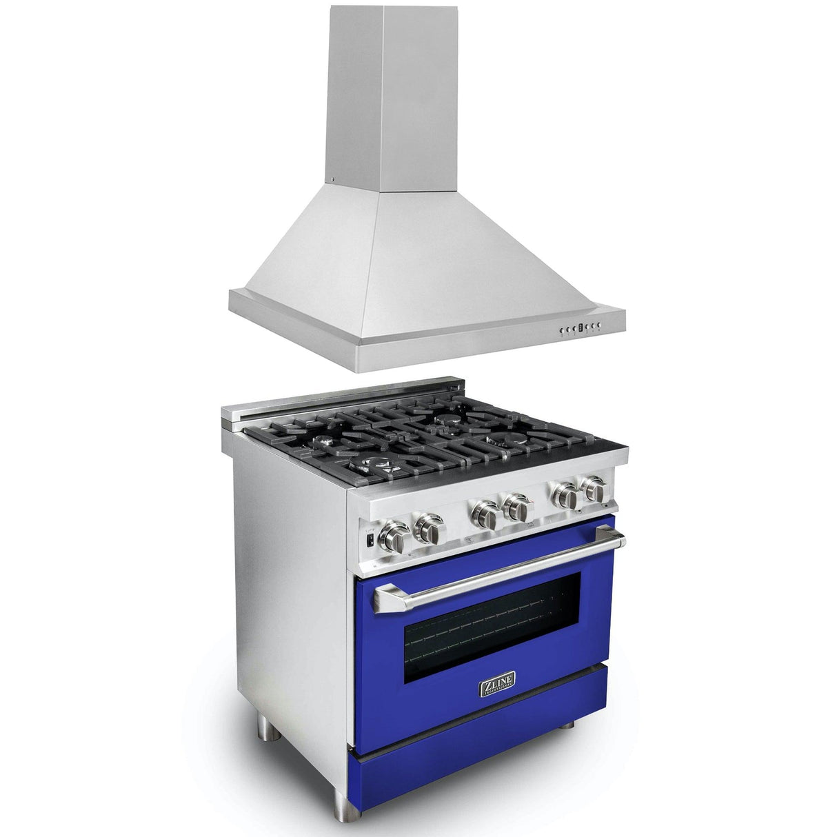 ZLINE 30 in. Kitchen Package with Stainless Steel Dual Fuel Range with Blue Gloss Door and Convertible Vent Range Hood (2KP-RABGRH30) - (2KPRABGRH30)