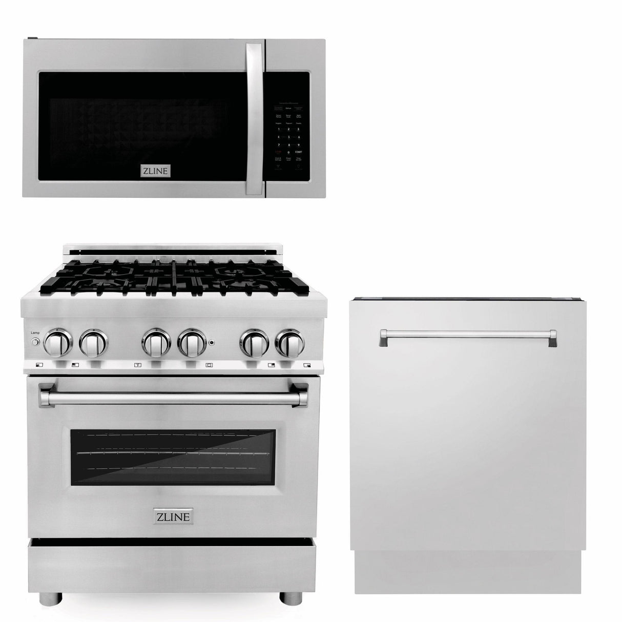 ZLINE 30 in. Kitchen Package with Stainless Steel Dual Fuel Range, Modern Over The Range Microwave and Tall Tub Dishwasher (3KP-RAOTR30-DWV) - (3KPRAOTR30DWV)