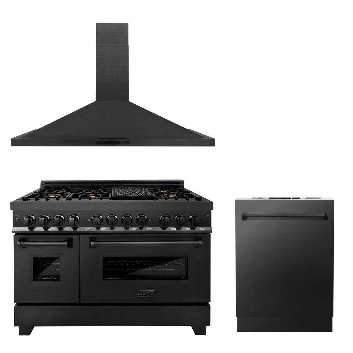 ZLINE 48 in. Kitchen Package with Black Stainless Steel Dual Fuel Range, Convertible Vent Range Hood and Dishwasher (3KP-RABRH48-DW) - (3KPRABRH48DW)