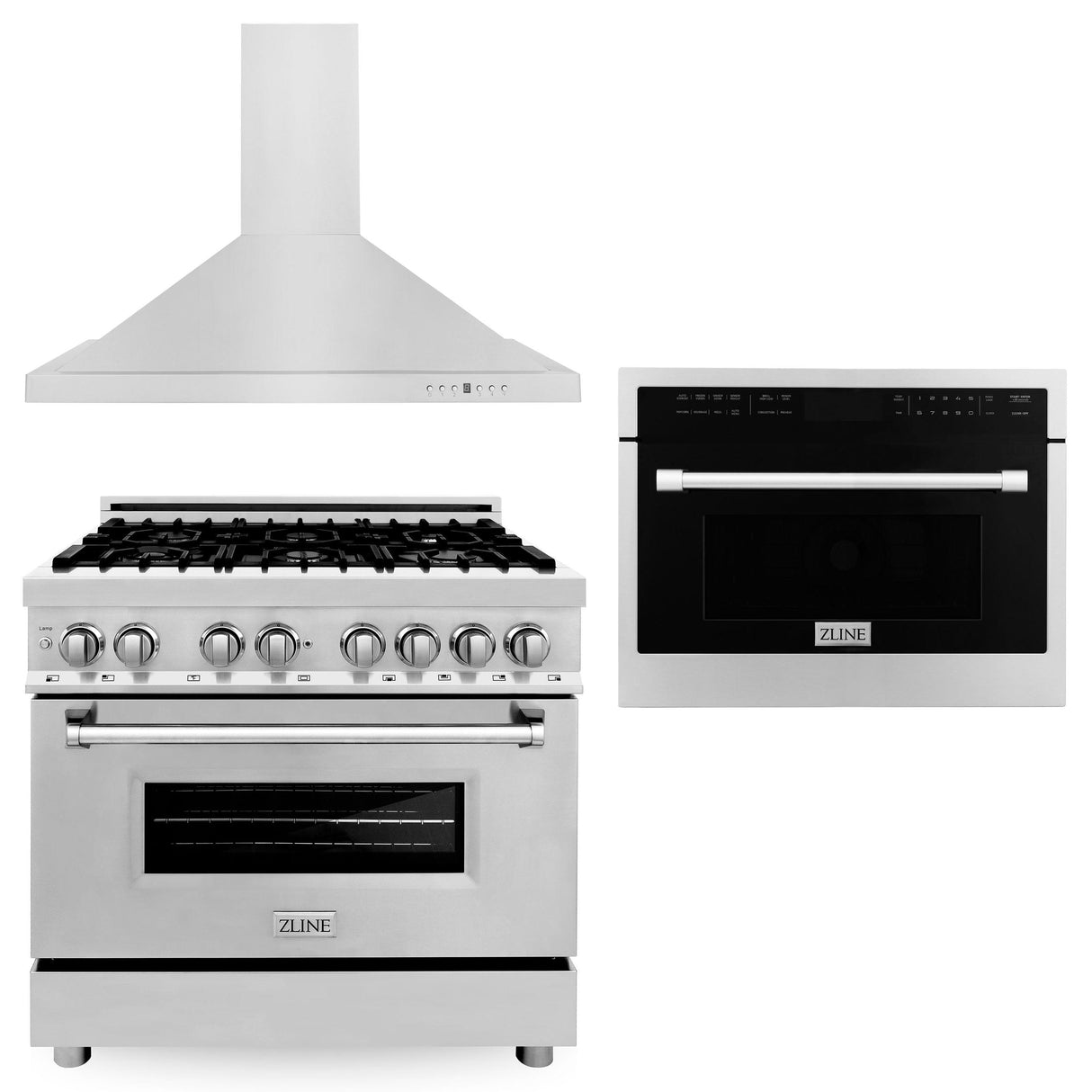 ZLINE 36" Kitchen Package with Stainless Steel Dual Fuel Range, Convertible Vent Range Hood and 24" Microwave Oven (3KP-RARHMWO-36) - (3KPRARHMWO36)