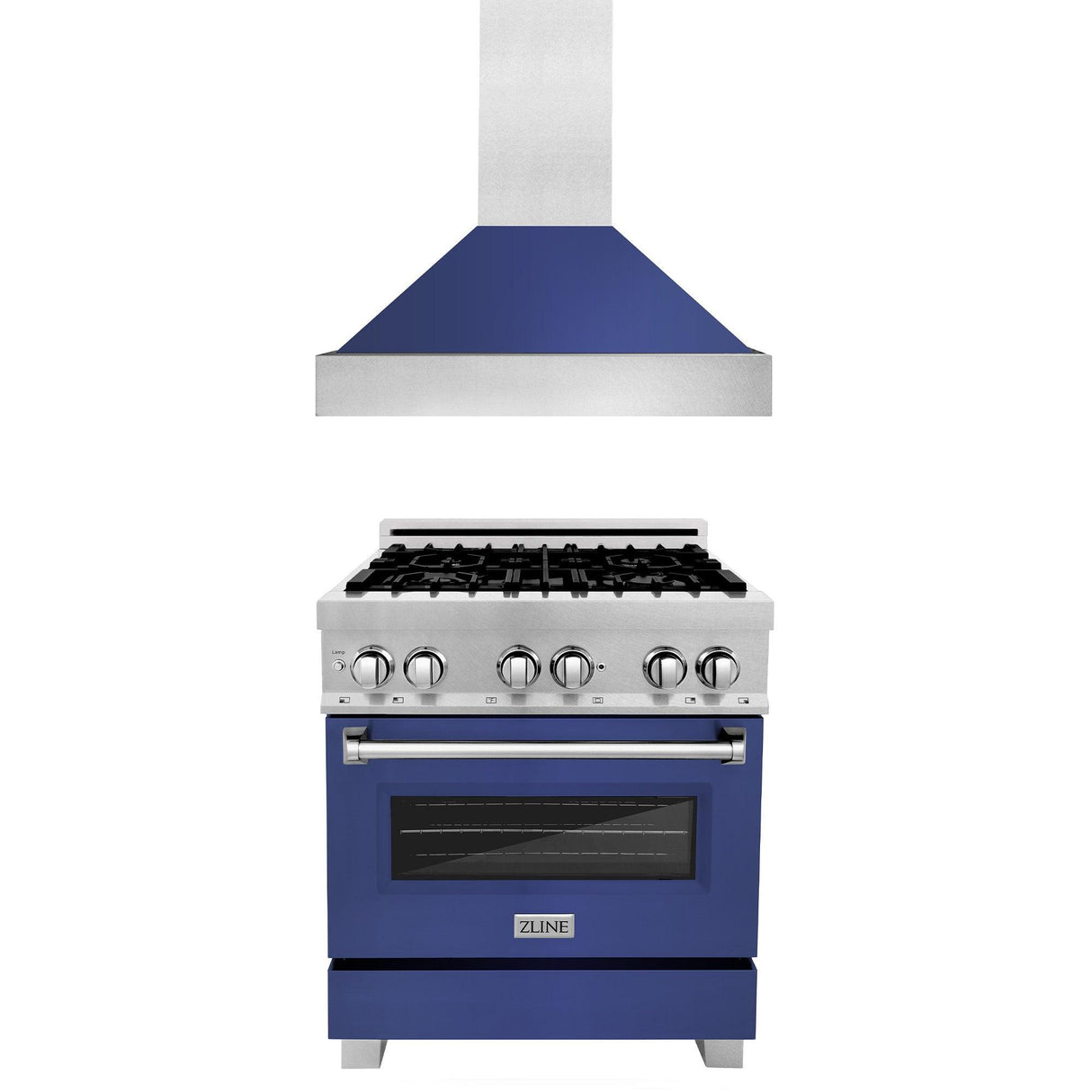 ZLINE 30 in. Kitchen Package with DuraSnow Stainless Steel Dual Fuel Range with Blue Matte Door and Convertible Vent Range Hood (2KP-RASBMRH30) - (2KPRASBMRH30)