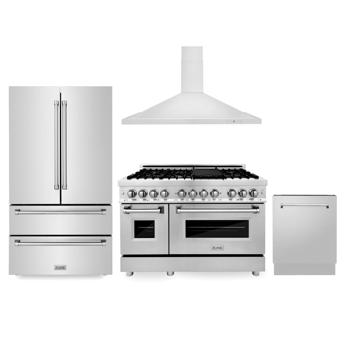 ZLINE Kitchen Package with Refrigeration, 48 in. Stainless Steel Dual Fuel Range, 48 in. Convertible Vent Range Hood and 24 in. Tall Tub Dishwasher (4KPR-RARH48-DWV) - (4KPRRARH48DWV)