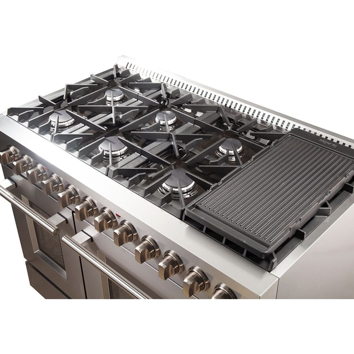 Forno Galiano FFSGS615648 48 Inch Freestanding Dual Fuel Range with 8 Sealed Burners, 6.58 cu. ft. Total Capacity, Continuous Cast Iron Grates, Griddle, and LP Conversion Kit Included: Stainless Steel