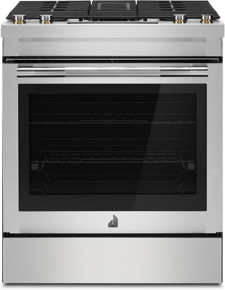 JennAir JDS1750ML 30 inch RISE dual-fuel downdraft slide-in range stainless steel front view