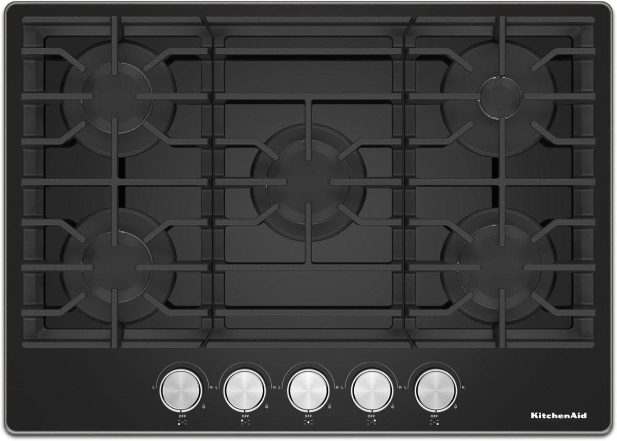 KitchenAid KCGG530PBL 30-inch black gas-on-glass cooktop, top view