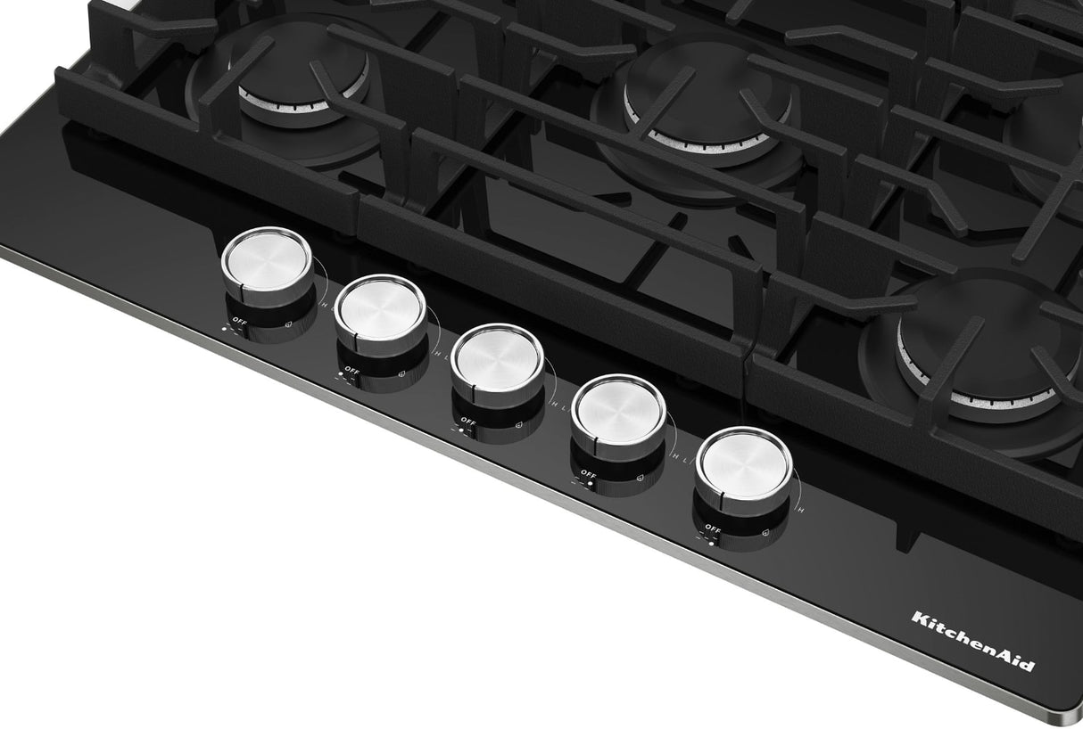 KitchenAid KCGG536PBL stainless steel control knobs detail