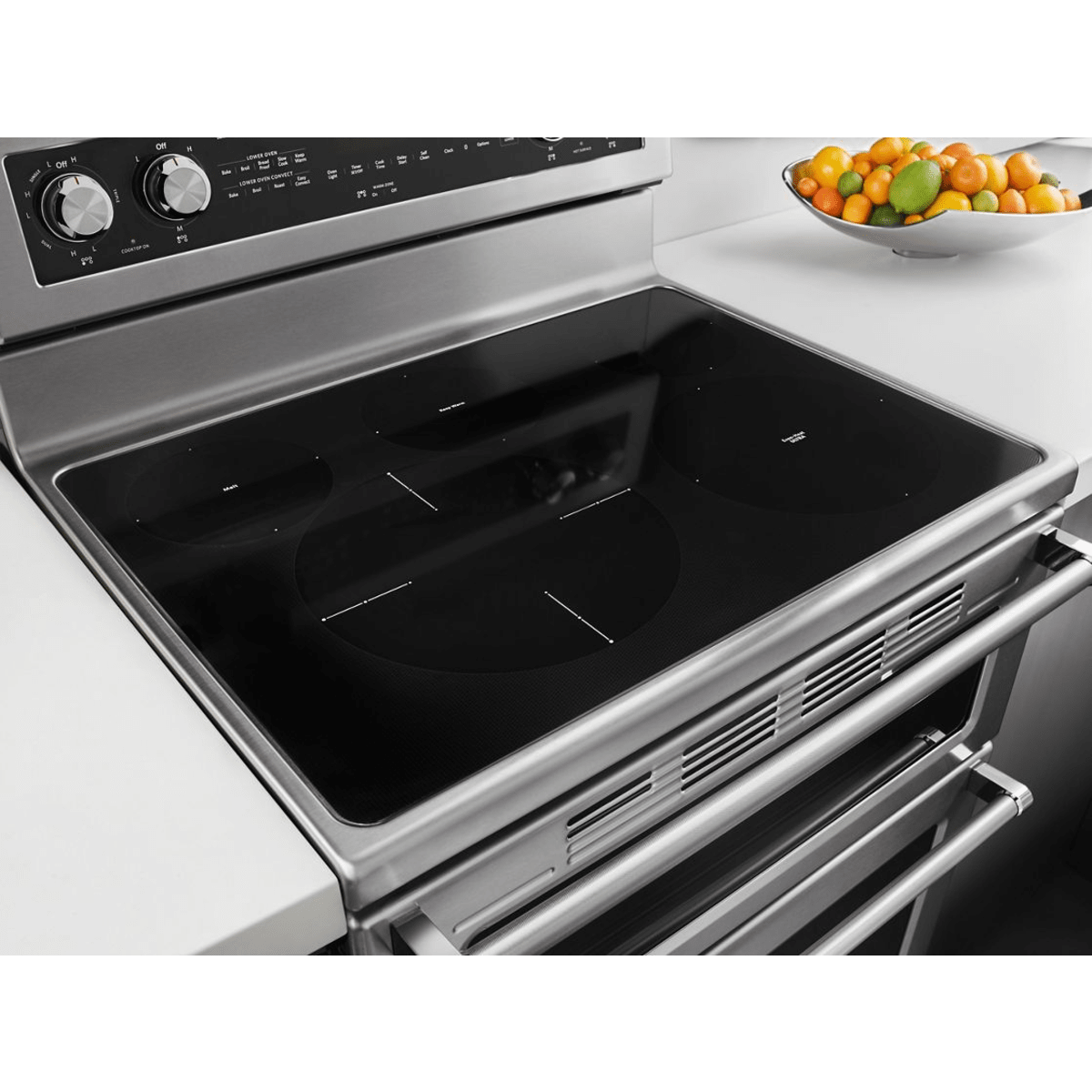 KitchenAid KFED500ESS 30 in. Freestanding Double Oven Electric Range - cooktop close-up | Varouj Appliances