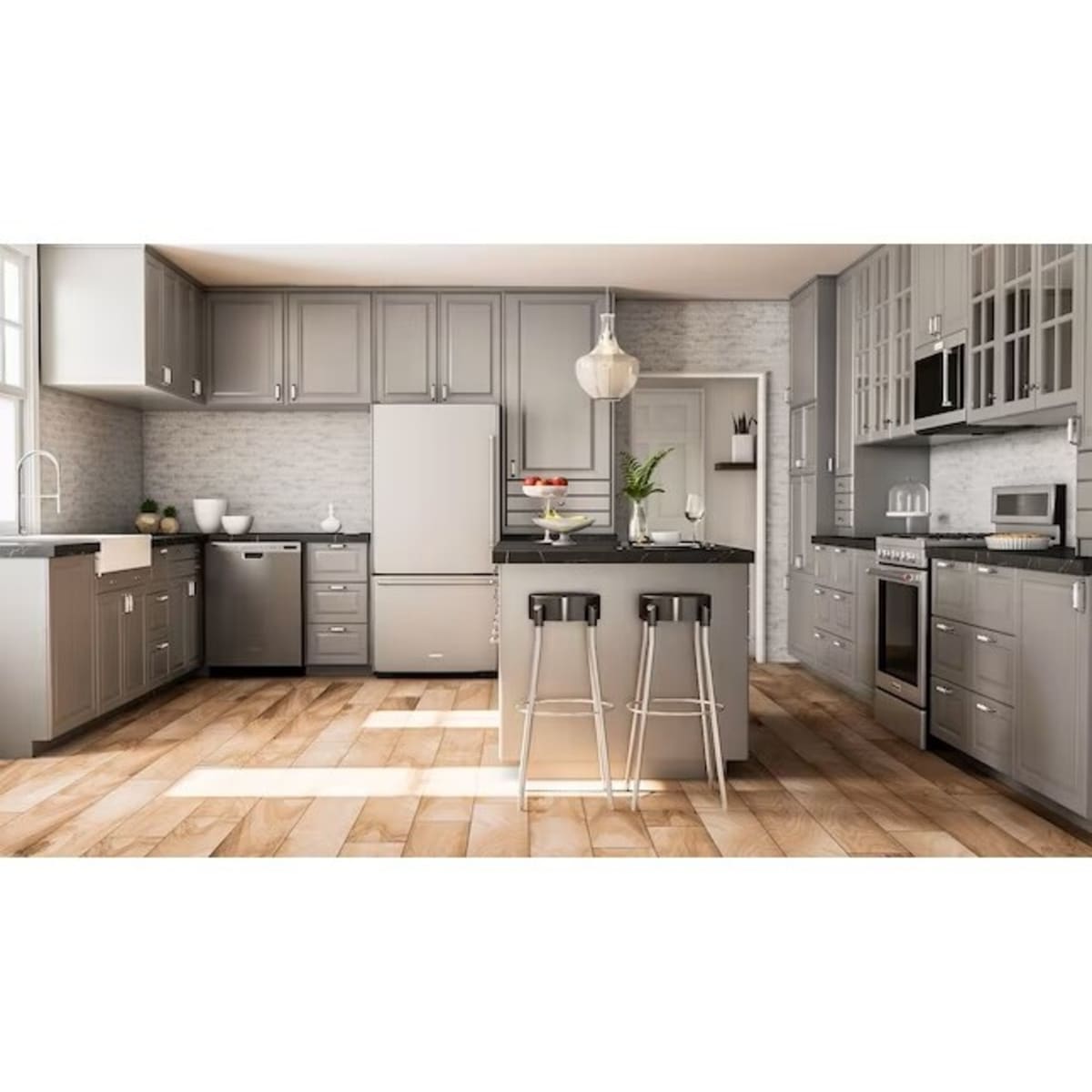 KitchenAid KRBL102ESS 33 in. 22 cu. ft. Bottom Mount Refrigerator - shown in a kitchen setting | Varouj Appliances