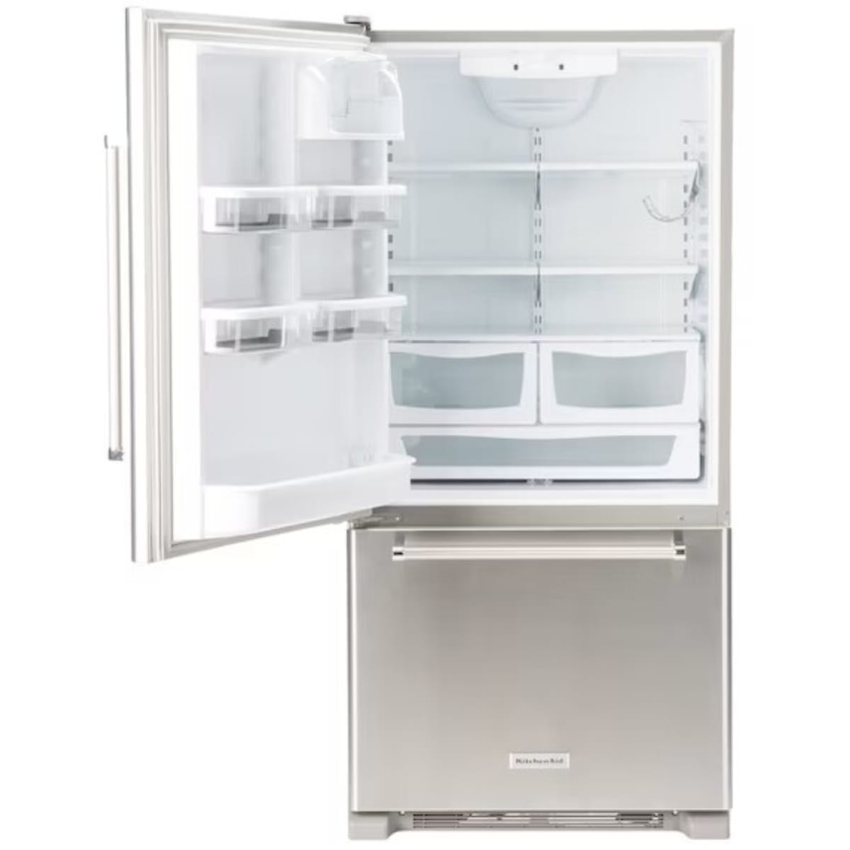 KitchenAid KRBL102ESS 33 in. 22 cu. ft. Bottom Mount Refrigerator - shown with doors open | Varouj Appliances