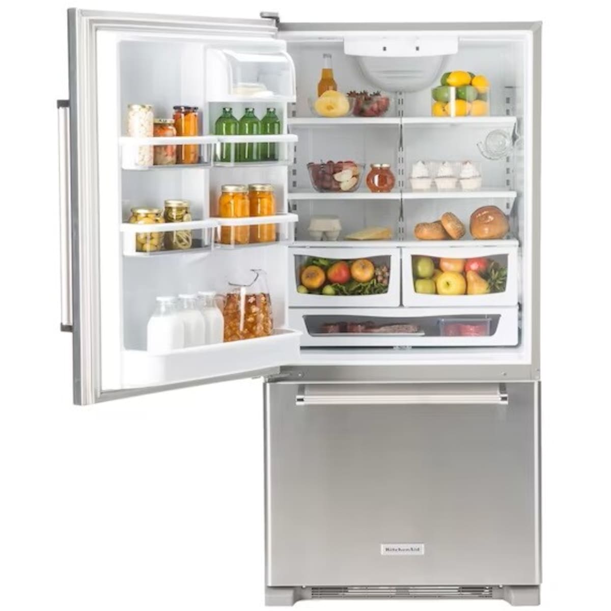 KitchenAid KRBL102ESS 33 in. 22 cu. ft. Bottom Mount Refrigerator - interior shelving detail | Varouj Appliances