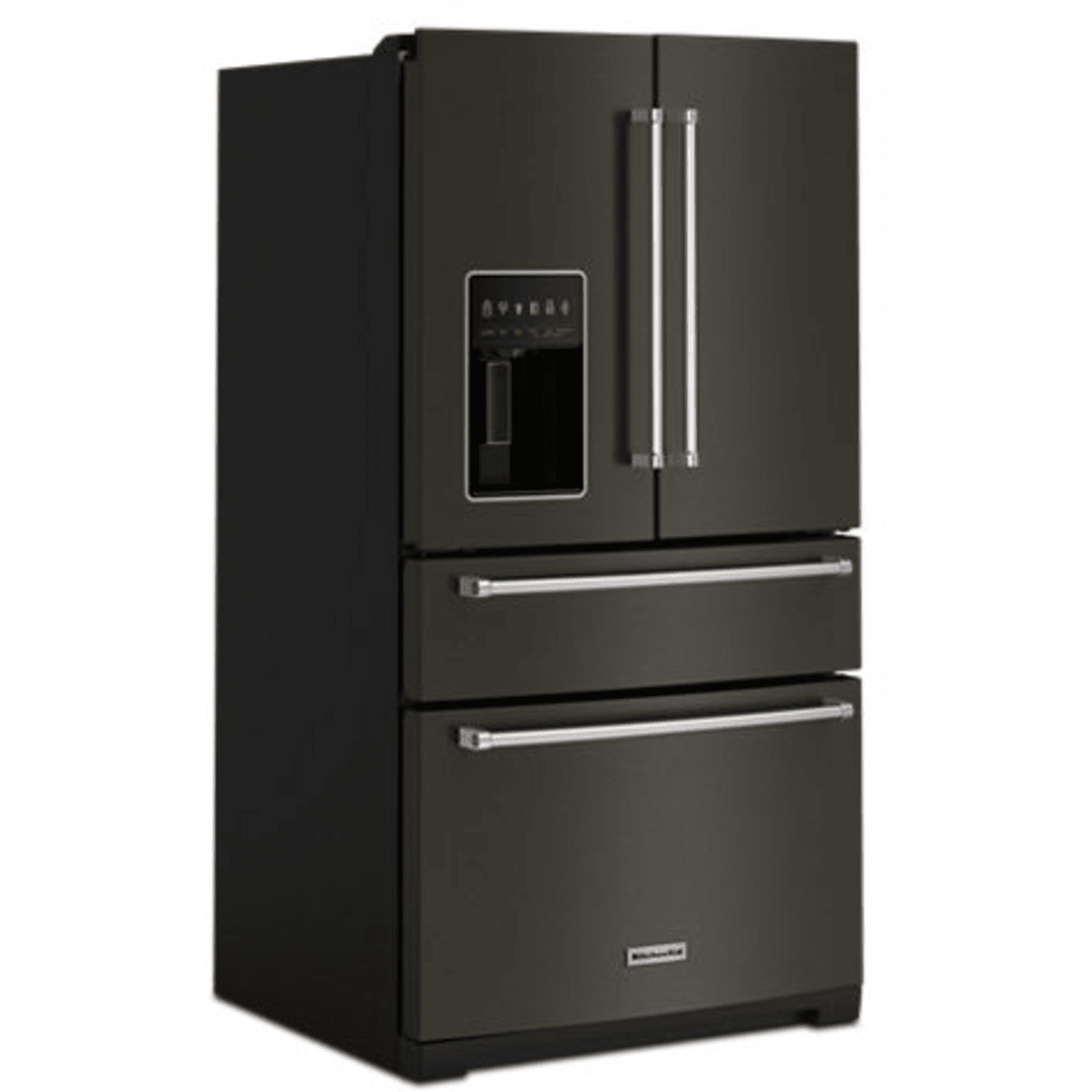 KitchenAid KRMF536RBS 36 in. Freestanding French Door Refrigerator, Black Stainless - angled view | Varouj Appliances