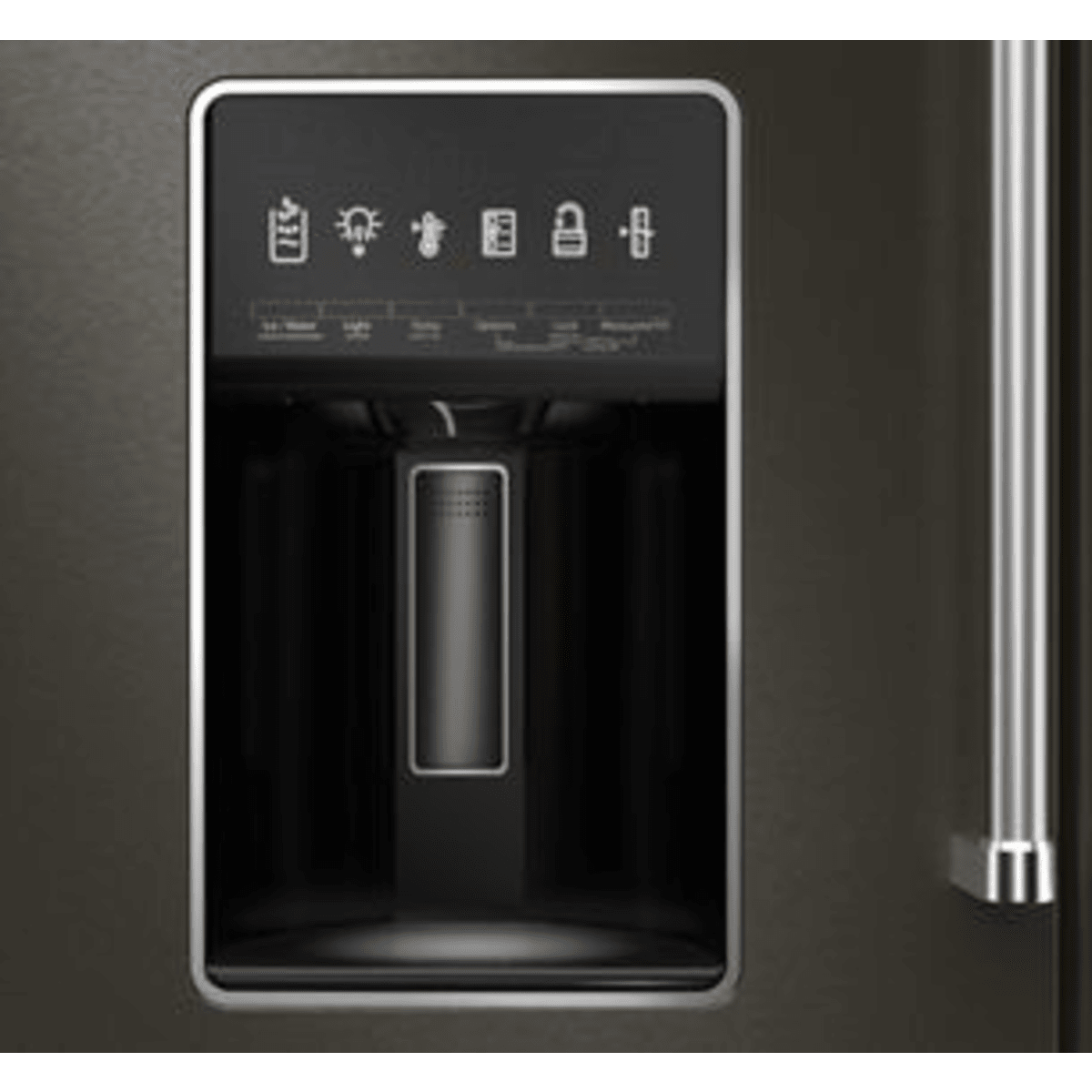 KitchenAid KRMF536RBS 36 in. Freestanding French Door Refrigerator, Black Stainless - ice and water dispenser close-up | Varouj Appliances