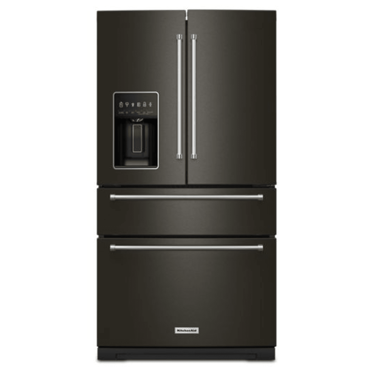 KitchenAid KRMF536RBS 36 in. Freestanding French Door Refrigerator, Black Stainless - front view | Varouj Appliances