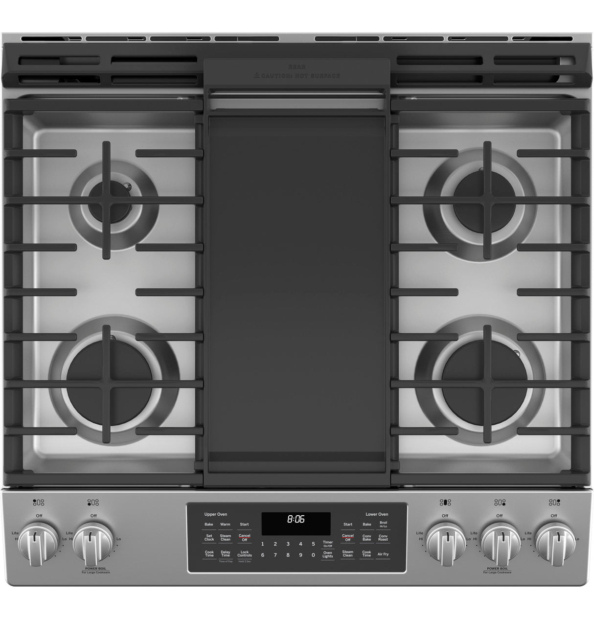 GE JGSS86SPSS - 30 in. 6.7 cu. ft. Air Fry True European Convection Double Oven Slide-In Gas Range with 5 Sealed Burners & Griddle - Stainless Steel