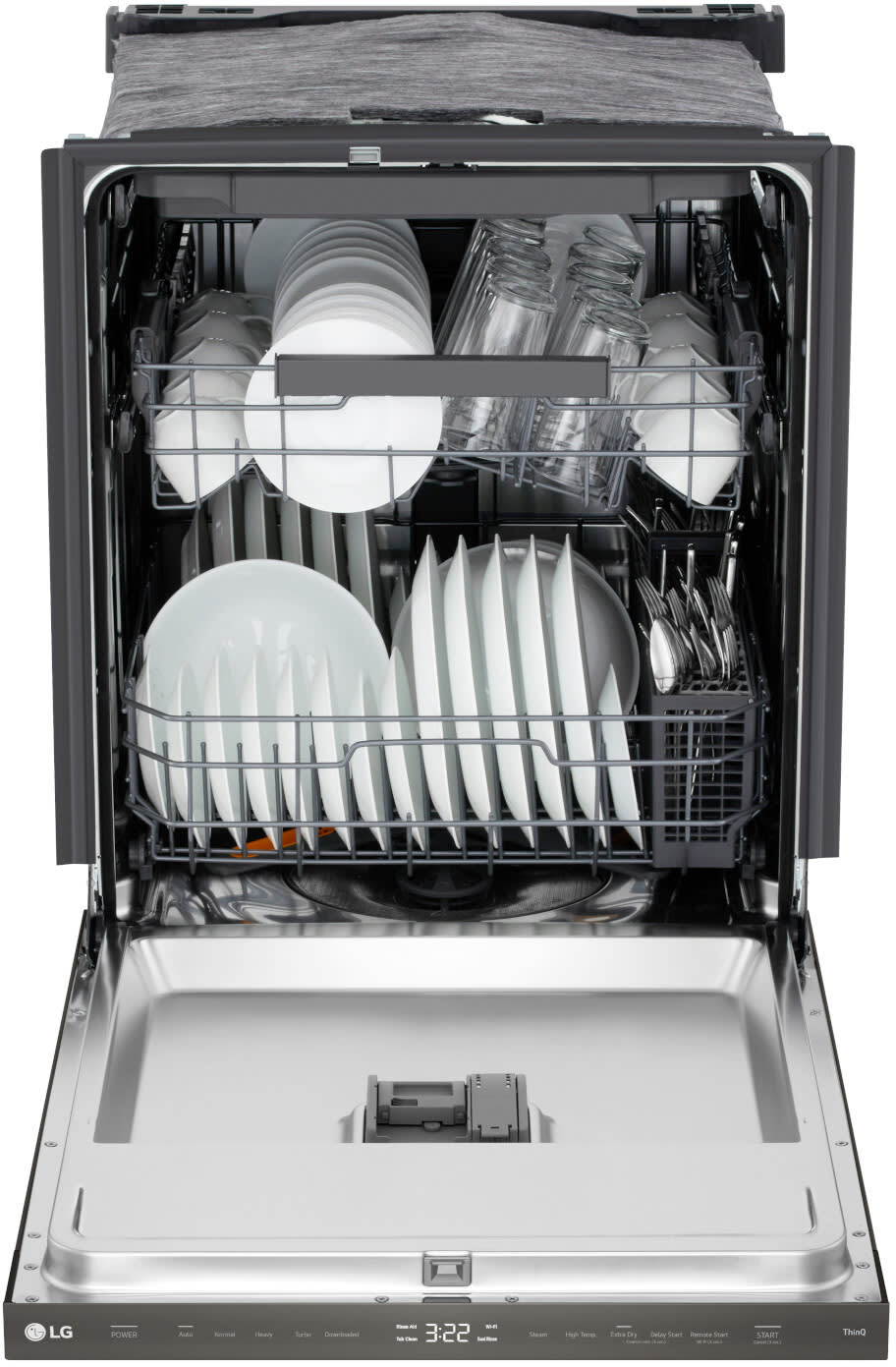 LG LDNPQ445D dishwasher open and loaded with dishes